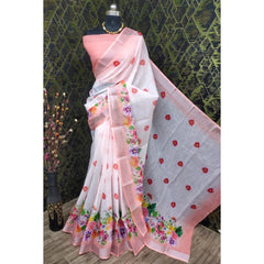 Generic Women's Cotton Linen Woven Design Saree With Unstitched Blouse 5.5Mtr (Peach)