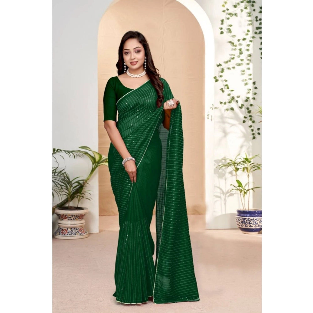 Generic Women's Vichitra Silk Striped Saree With Unstitched Blouse 5.5Mtr (Green)