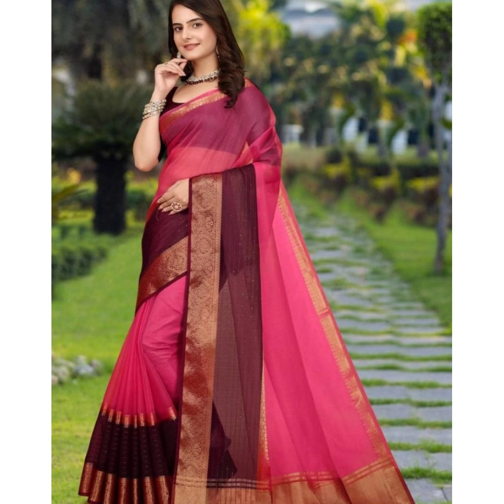 Generic Women's Khadi Cotton  Solid Saree With Unstitched Blouse 5.5Mtr (Pink)