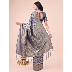 Generic Women's Cotton Printed Saree With Unstitched Blouse 5.5Mtr (Navy Blue)