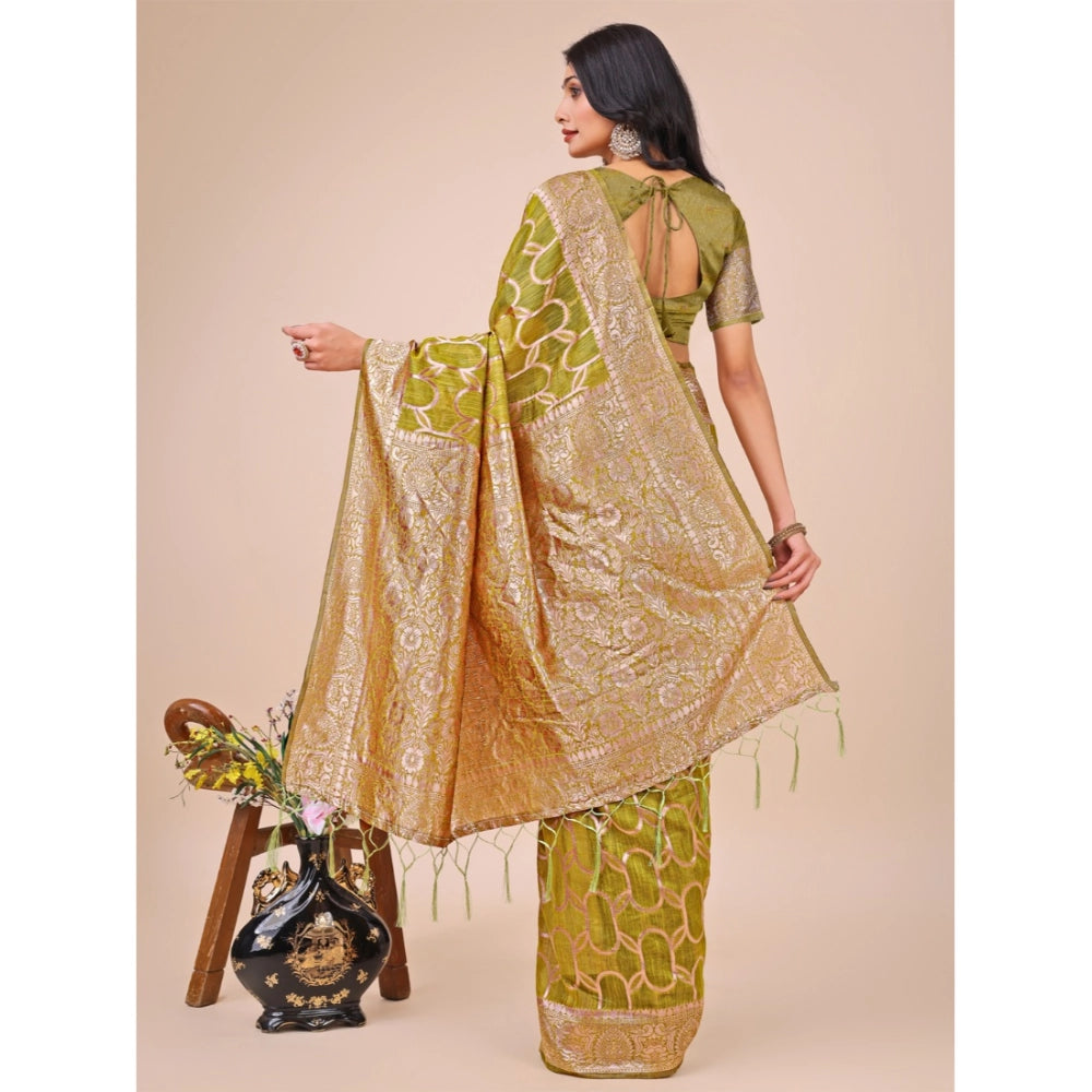 Generic Women's Linen Cotton Printed Saree With Unstitched Blouse 5.5Mtr (Olive Green)