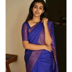 Generic Women's Silk Printed Saree With Unstitched Blouse 5.5Mtr (Blue)