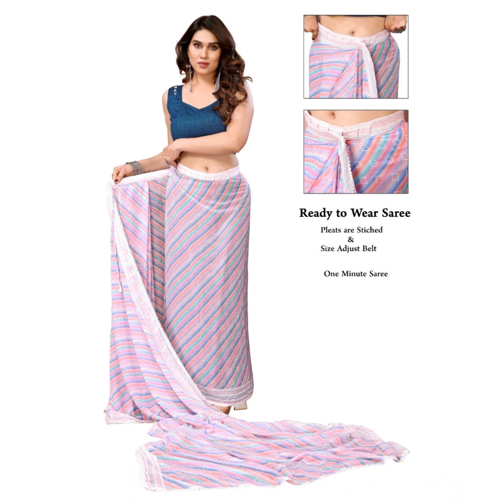 Generic Women's Small Lace Georgette Striped Ready-to-Wear Saree With Unstitched Blouse 5.5 Mtr (Purple)