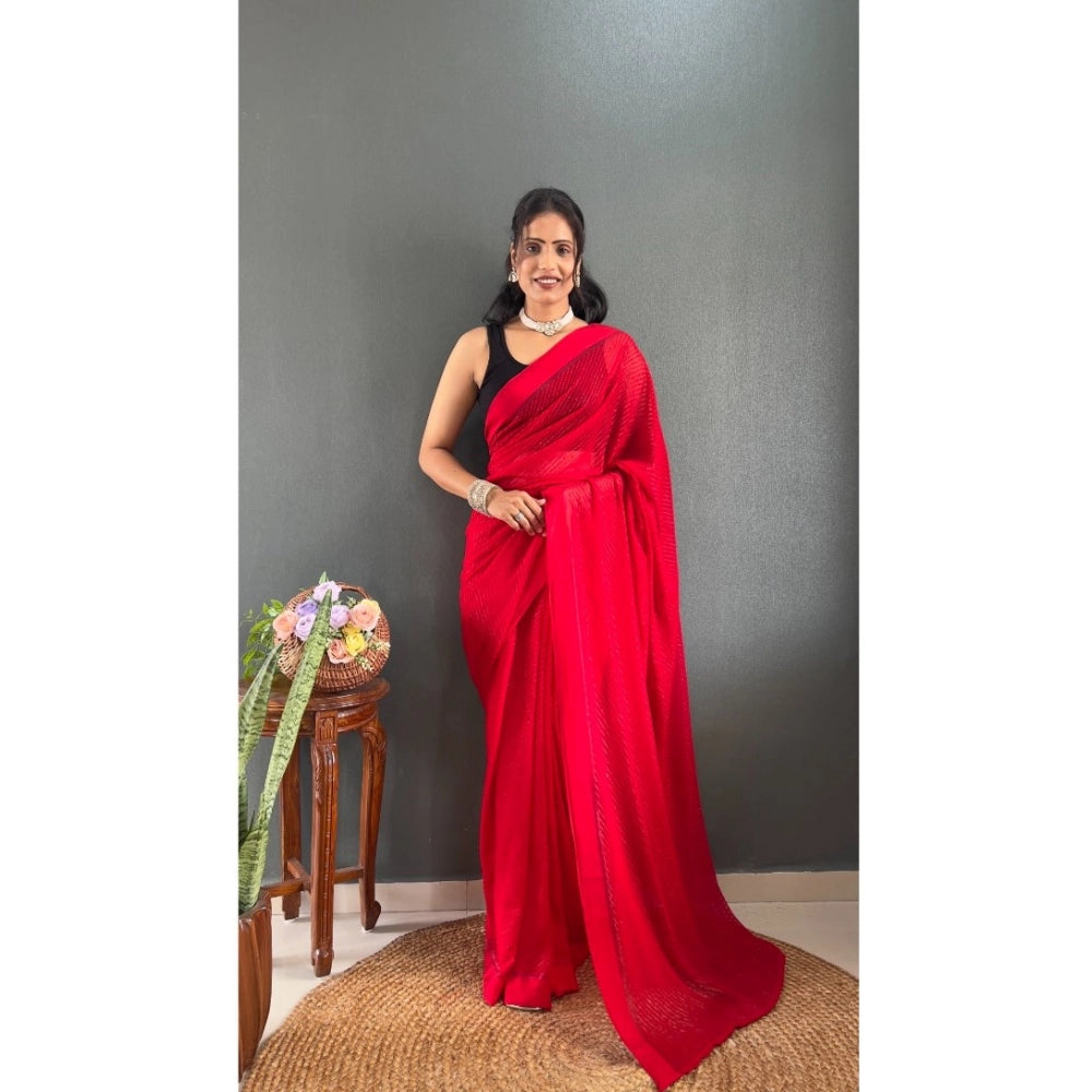Generic Women's Chiffon Solid Ready to wear Saree With Unstitched Blouse 5.5 Mtr (Red)