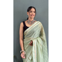 Generic Women's Chiffon Striped Ready to wear Saree With Unstitched Blouse 5.5 Mtr (Pista )