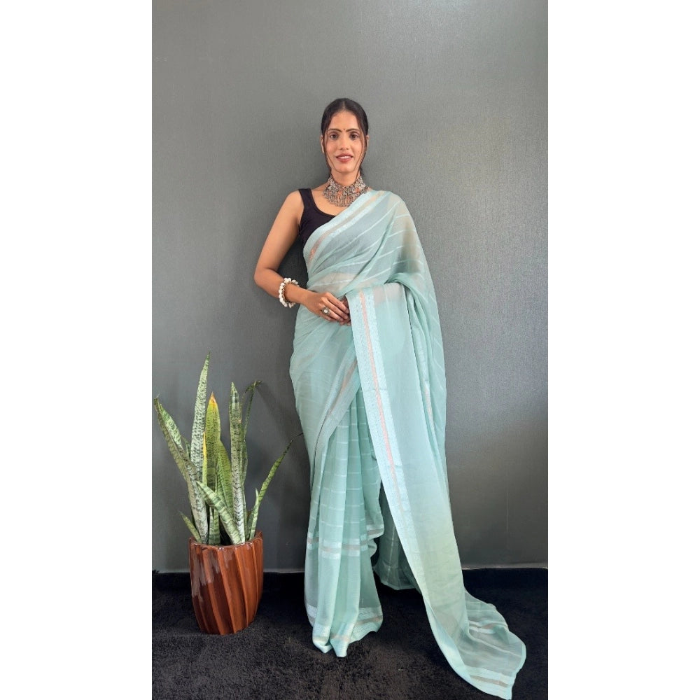 Generic Women's Chiffon Striped Ready to wear Saree With Unstitched Blouse 5.5 Mtr (Sky)