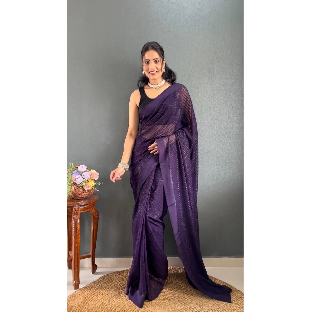 Generic Women's Chiffon Solid Ready to wear Saree With Unstitched Blouse 5.5 Mtr (Purple)