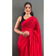 Generic Women's Chiffon Solid Ready to wear Saree With Unstitched Blouse 5.5 Mtr (Red)