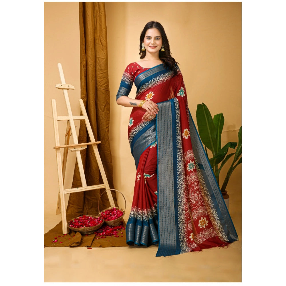 Generic Women's Soft Blooming Marshmallow Fabric Kalamkari Printed Saree With Unstitched Blouse 5.5Mtr (Red)