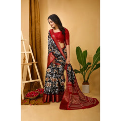 Generic Women's Soft Dola Cotton Kalamkari Printed Saree With Unstitched Blouse 5.5Mtr (Black)