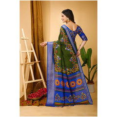 Generic Women's Soft Dola Cotton Kalamkari Printed Saree With Unstitched Blouse 5.5Mtr (Mehendi)
