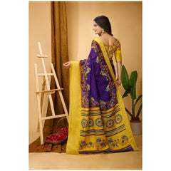 Generic Women's Soft Dola Cotton Kalamkari Printed Saree With Unstitched Blouse 5.5Mtr (Purple)