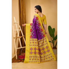 Generic Women's Soft Dola Cotton Kalamkari Printed Saree With Unstitched Blouse 5.5Mtr (Purple)