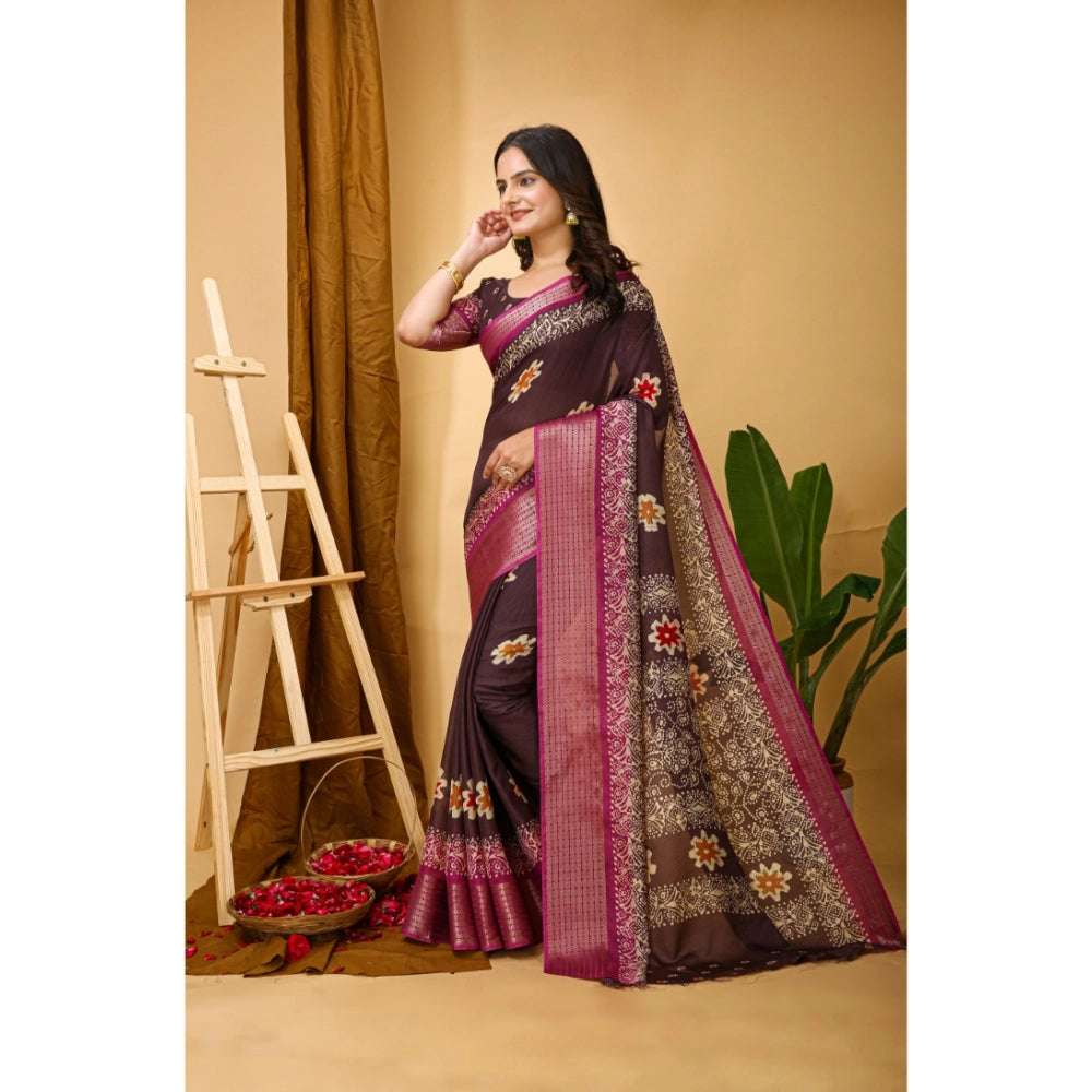 Generic Women's Soft Blooming Marshmallow Fabric Kalamkari Printed Saree With Unstitched Blouse 5.5Mtr (Maroon)