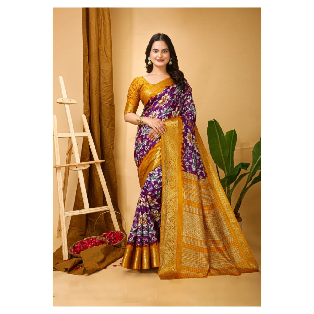 Generic Women's Soft Dola Cotton Kalamkari Printed Saree With Unstitched Blouse 5.5Mtr (Purple)