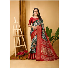 Generic Women's Soft Dola Cotton Kalamkari Printed Saree With Unstitched Blouse 5.5Mtr (Green)