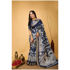 Generic Women's Soft Handloom Cotton Kalamkari Printed Saree With Unstitched Blouse 5.5Mtr (Blue)