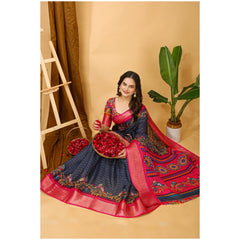 Generic Women's Soft Dola Cotton Kalamkari Printed Saree With Unstitched Blouse 5.5Mtr (Grey)