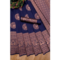 Generic Women's Soft Lichi Silk Printed Saree With Unstitched Blouse 5.5Mtr (Navy Blue)