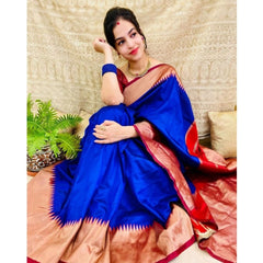 Generic Women's Soft Lichi Silk Solid Saree With Unstitched Blouse 5.5Mtr (Blue)