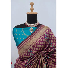 Generic Women's Banarasi Printed Saree With Unstitched Blouse 5.5Mtr (Purple)