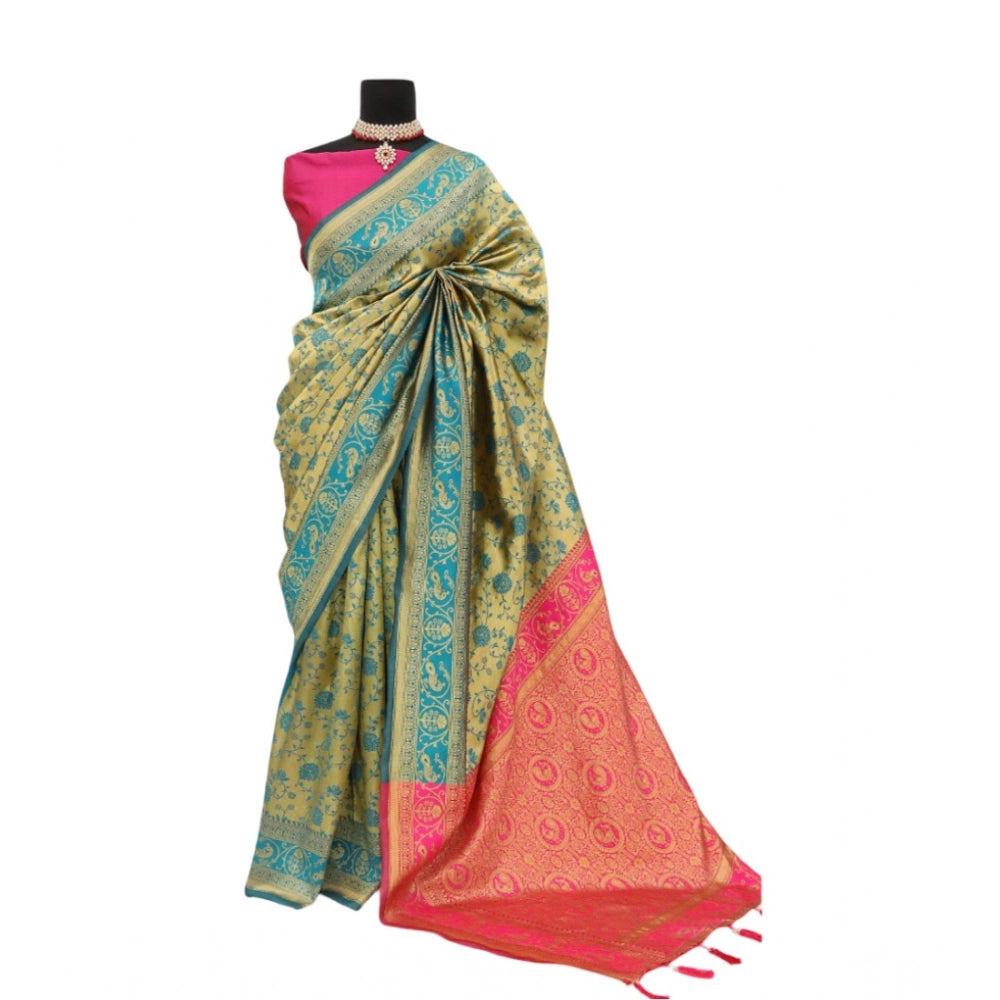 Generic Women's Banarasi Printed Saree With Unstitched Blouse 5.5Mtr (Golden)