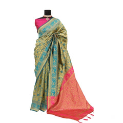 Generic Women's Banarasi Printed Saree With Unstitched Blouse 5.5Mtr (Golden)