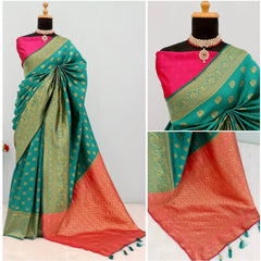 Generic Women's Banarasi Printed Saree With Unstitched Blouse 5.5Mtr (Rama)
