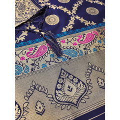 Generic Women's Banarasi Silk Printed Unstitched Salwar Suit Material With Dupatta (Navy Blue, 3Mtrs)
