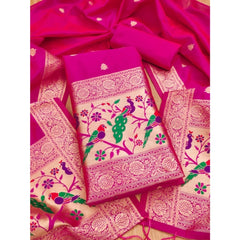 Generic Women's Banarasi Silk Printed Unstitched Salwar Suit Material With Dupatta (Pink, 3Mtrs)