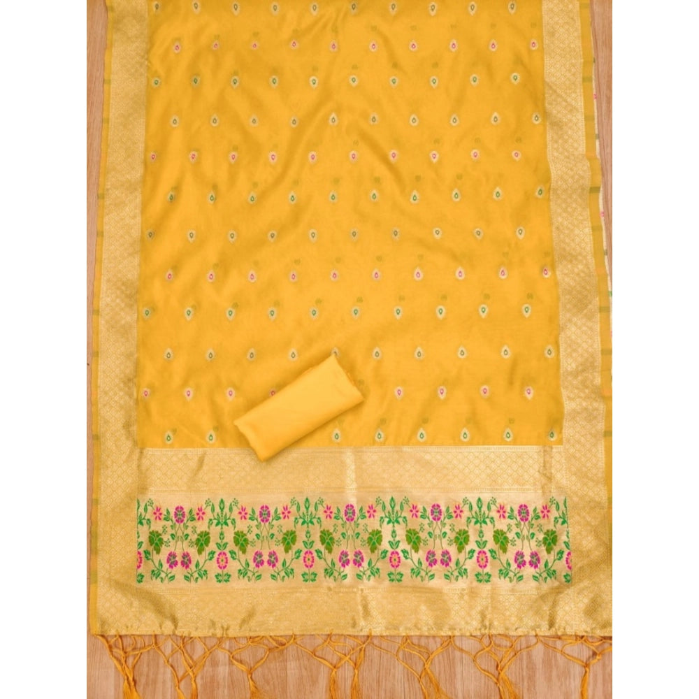 Generic Women's Banarasi Silk Printed Unstitched Salwar Suit Material With Dupatta (Yellow, 3Mtrs)