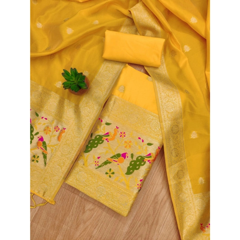 Generic Women's Banarasi Silk Printed Unstitched Salwar Suit Material With Dupatta (Yellow, 3Mtrs)