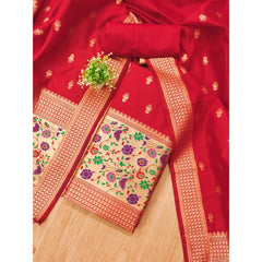 Generic Women's Banarasi Silk Printed Unstitched Salwar Suit Material With Dupatta (Red, 3Mtrs)