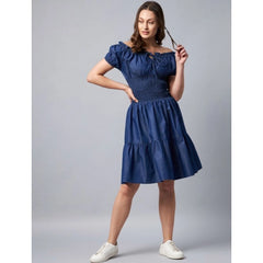 Generic Women's Denim Solid Off-Shoulder Short Sleeve Dress (Blue)