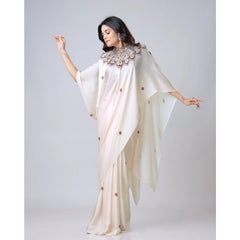 Generic Women's Soft Crepe Silk Printed Ready To Wear Saree With Unstitched Blouse 5.5Mtr (Off White)
