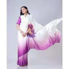 Generic Women's Soft Crepe Silk Printed Ready To Wear Saree With Unstitched Blouse 5.5Mtr (Purple)