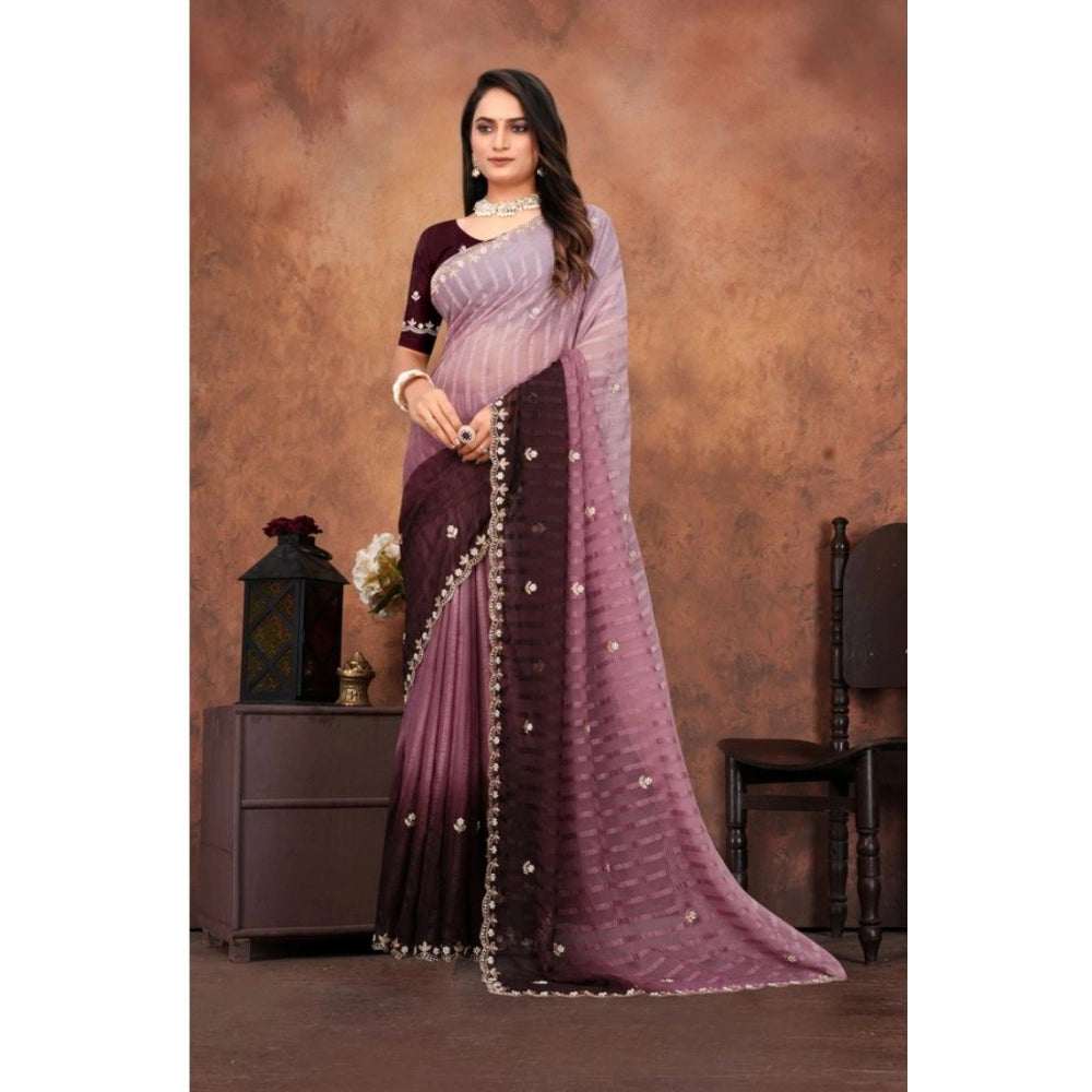 Generic Women's Chiffon Embroidred Saree With Unstitched Blouse 5.5Mtr (Beige)