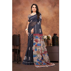 Generic Women's Linen Printed Saree With Unstitched Blouse 5.5Mtr (Black)