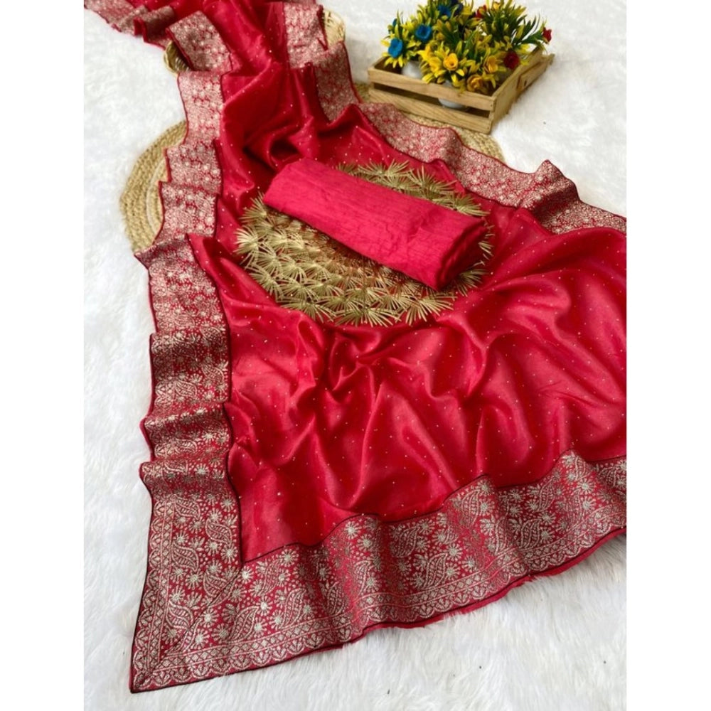 Generic Women's Silk Embroidred Saree With Unstitched Blouse 5.5Mtr (Pink)