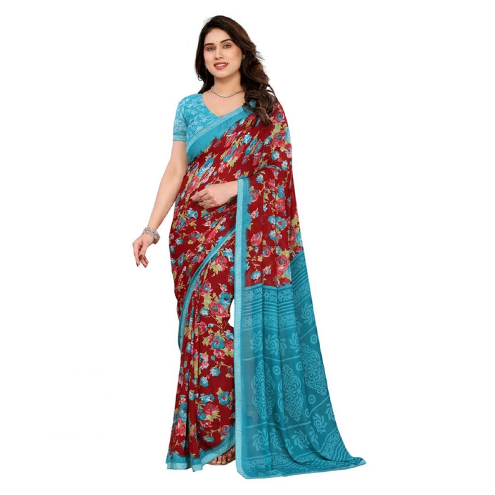 Generic Women's Georgette Printed Saree With Unstitched Blouse 5.5Mtr (Maroon)