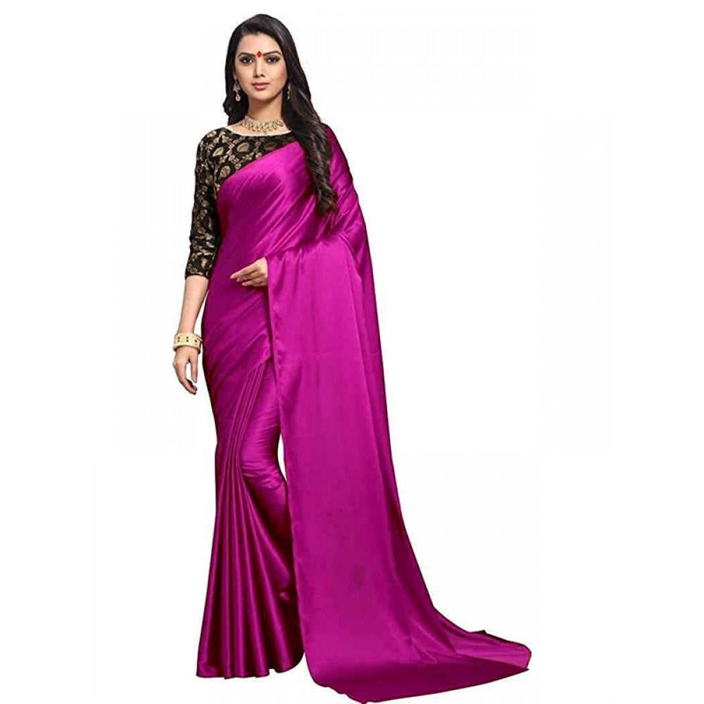 Generic Women's Satin Solid Saree With Unstitched Blouse 5.5Mtr (Magenta)