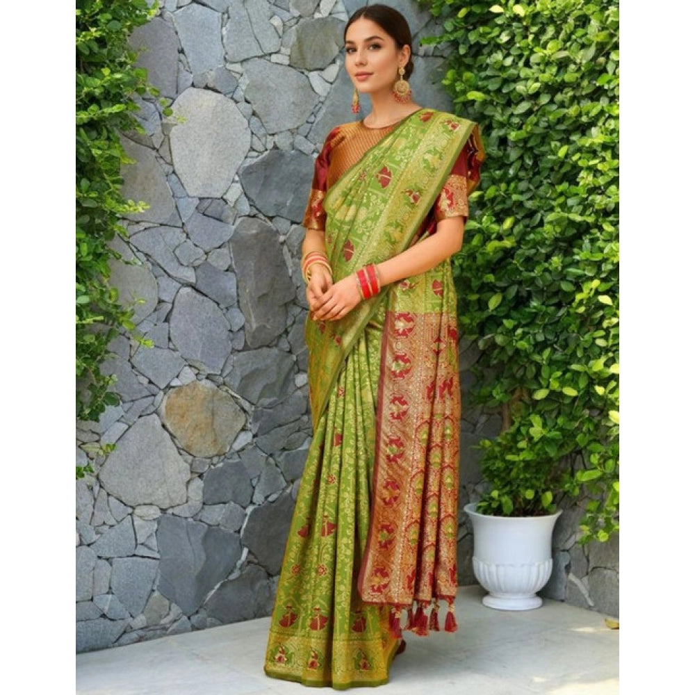 Generic Women's Silk Blend Woven Paithani Saree With Unstitched Blouse 5.5Mtr (Light Green)
