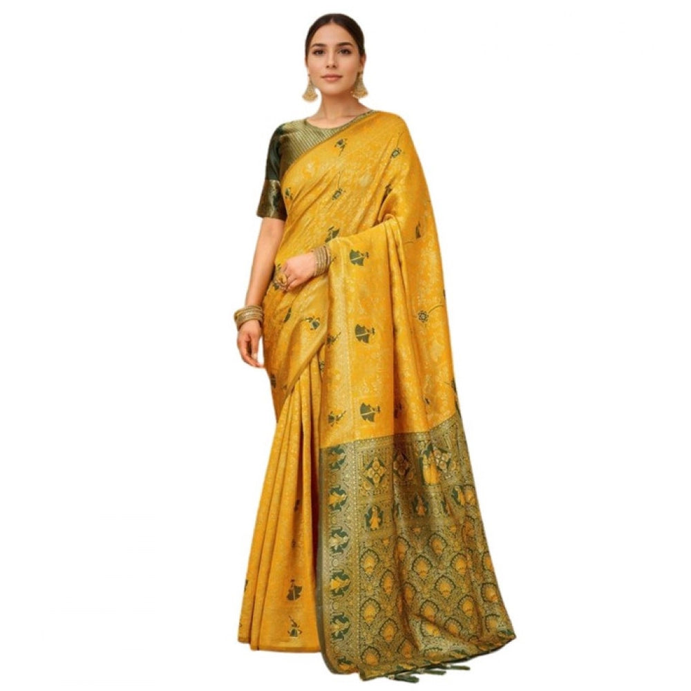 Generic Women's Silk Blend Woven Paithani Saree With Unstitched Blouse 5.5Mtr (Mustard)