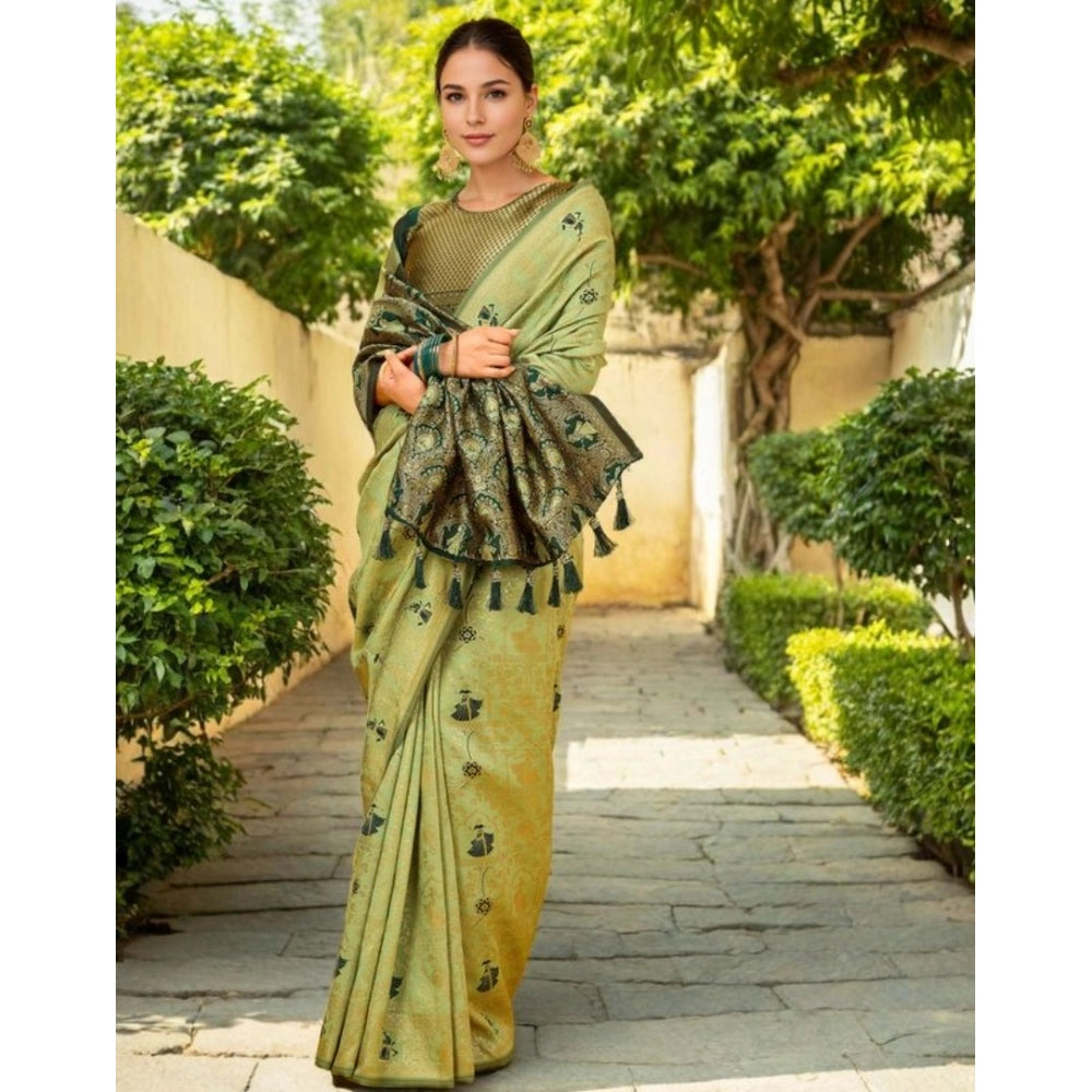 Generic Women's Silk Blend Woven Paithani Saree With Unstitched Blouse 5.5Mtr (Olive)