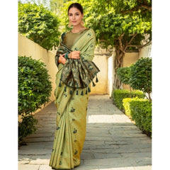 Generic Women's Silk Blend Woven Paithani Saree With Unstitched Blouse 5.5Mtr (Olive)