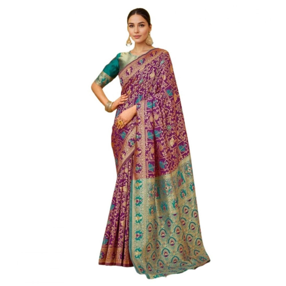 Generic Women's Silk Blend Woven Paithani Saree With Unstitched Blouse 5.5Mtr (Purple)