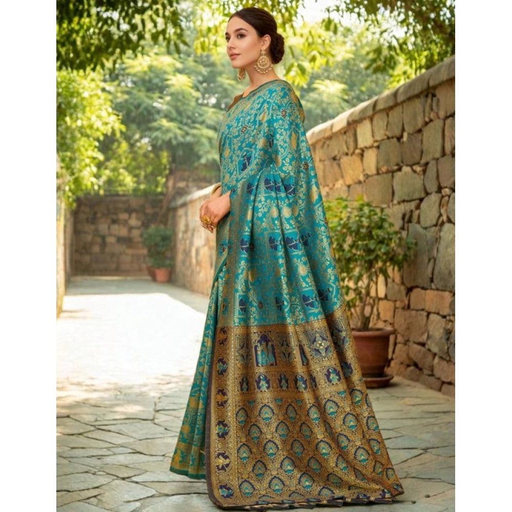 Generic Women's Silk Blend Woven Paithani Saree With Unstitched Blouse 5.5Mtr (Rama)