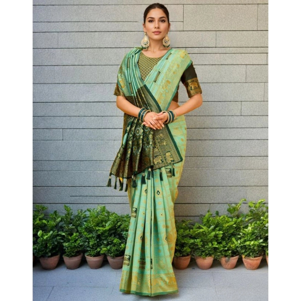 Generic Women's Silk Blend Woven Zari Work Saree With Unstitched Blouse 5.5Mtr (Mint Green)