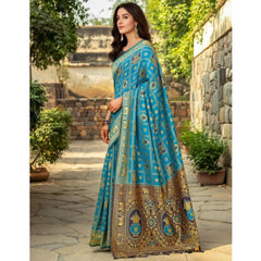 Generic Women's Silk Blend Woven Zari Work Saree With Unstitched Blouse 5.5Mtr (Rama)