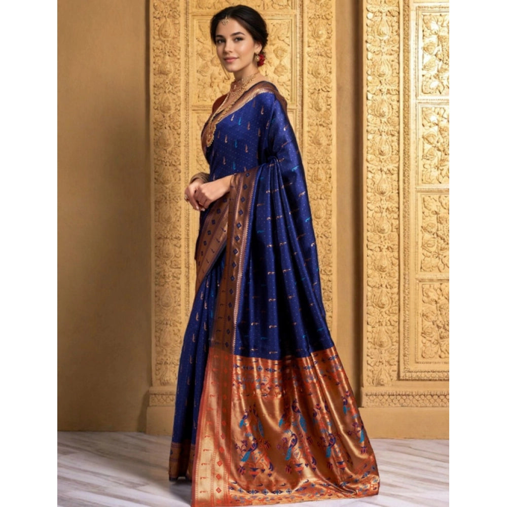 Generic Women's Silk Blend Zari Woven Saree With Unstitched Blouse 5.5Mtr (Navy)